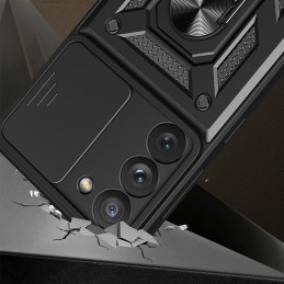 Hybrid Armor Camshield dėklas Samsung Galaxy S23, šarvuotas dangtelis su fotoaparato dangteliu, juodas