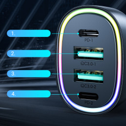 Joyroom 70W automobilinis įkroviklis su 4 prievadais: 2 x USB C, 2 x USB juodas (JR-CL29)