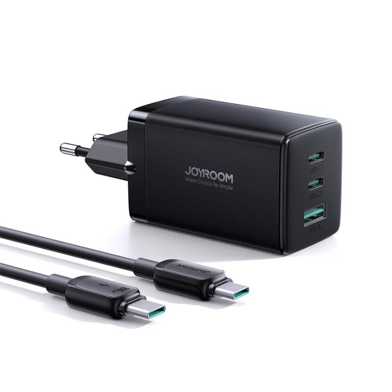 Joyroom greitas GaN įkroviklis 65 W USB-A, 2 x USB-C juodas + USB-C - USB-C laidas 100 W 1,2 m (TCG01)