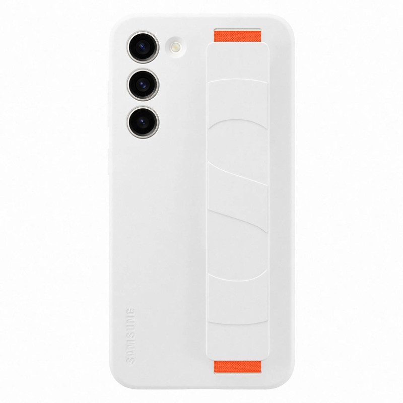 „Samsung Silicone Grip Cover“ dėklas, skirtas „Samsung Galaxy S23+“ silikoniniam dėklui su rankiniu dirželiu, baltas (EF...