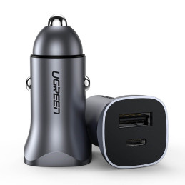 Ugreen greitas USB-A / USB-C 30W PD PPS automobilinis įkroviklis pilkas (CD130)