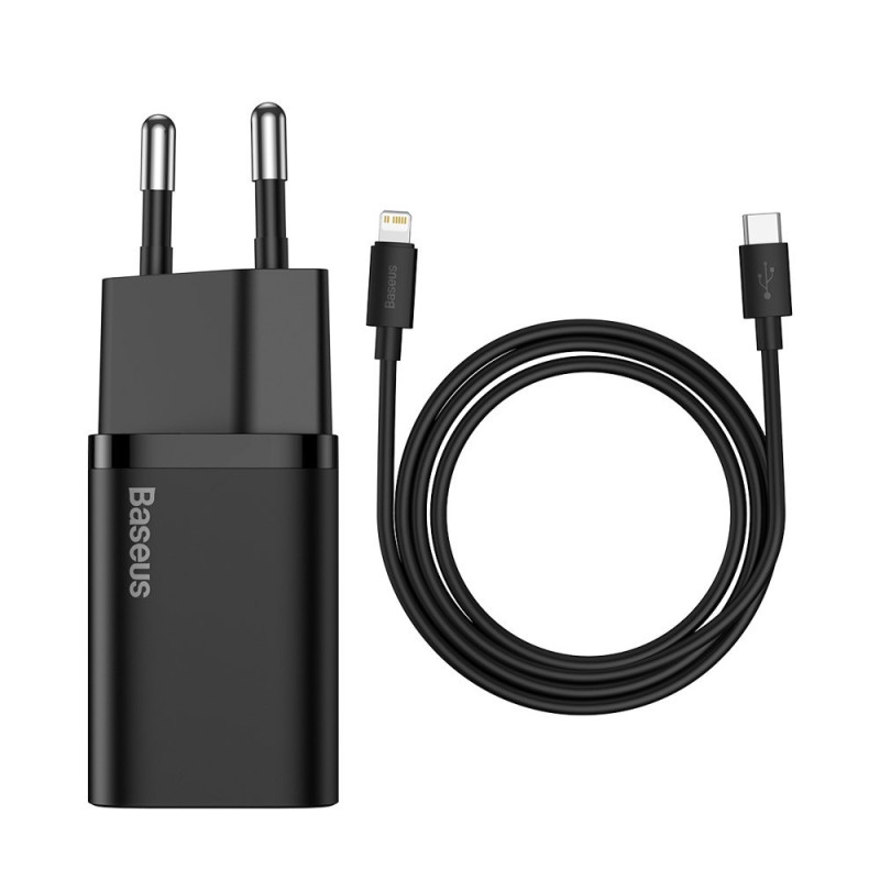 Baseus Super Si 1C greitas USB Type C įkroviklis 20W maitinimo tiekimas + USB Type C - Lightning kabelis 1m juodas (TZCC...