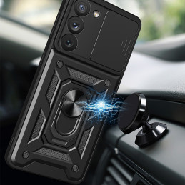 Hybrid Armor Camshield dėklas Samsung Galaxy S23+ šarvuotas dangtelis su kameros dangteliu raudonas