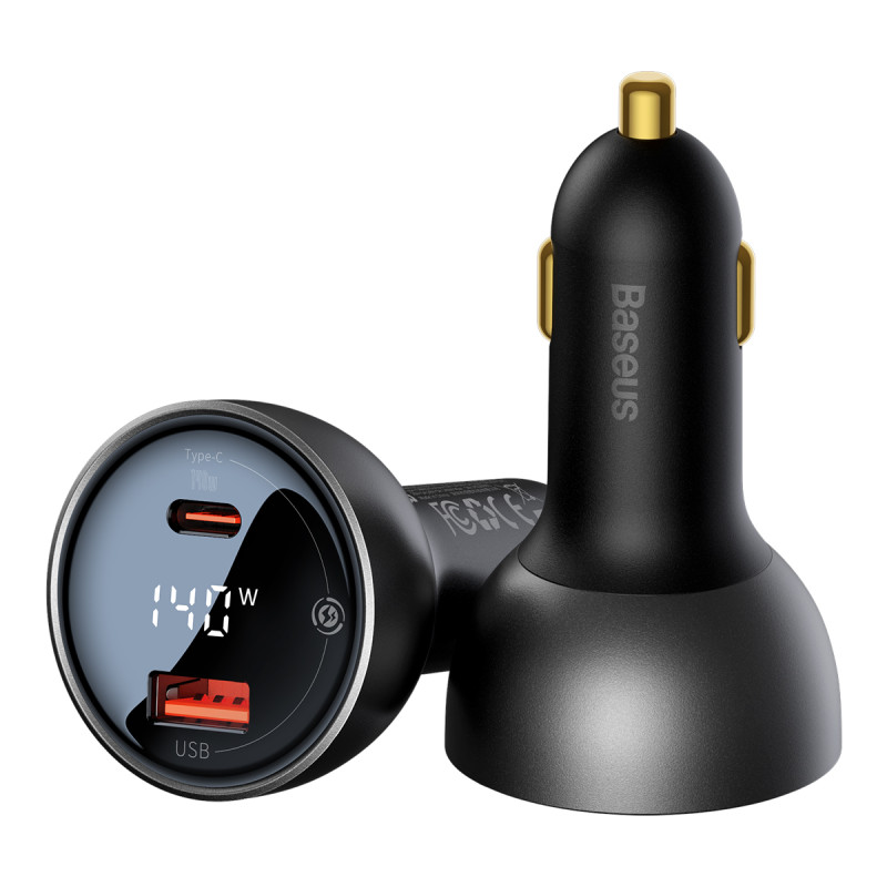 Baseus skaitmeninis ekranas USB-A / USB-C PD 140W automobilinis įkroviklis - juodas + USB-C / USB-C 240W laidas 1m