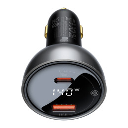 Baseus skaitmeninis ekranas USB-A / USB-C PD 140W automobilinis įkroviklis - juodas + USB-C / USB-C 240W laidas 1m