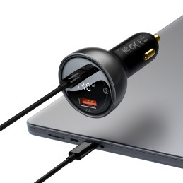 Baseus skaitmeninis ekranas USB-A / USB-C PD 140W automobilinis įkroviklis - juodas + USB-C / USB-C 240W laidas 1m