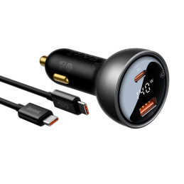 Baseus skaitmeninis ekranas USB-A / USB-C PD 140W automobilinis įkroviklis - juodas + USB-C / USB-C 240W laidas 1m