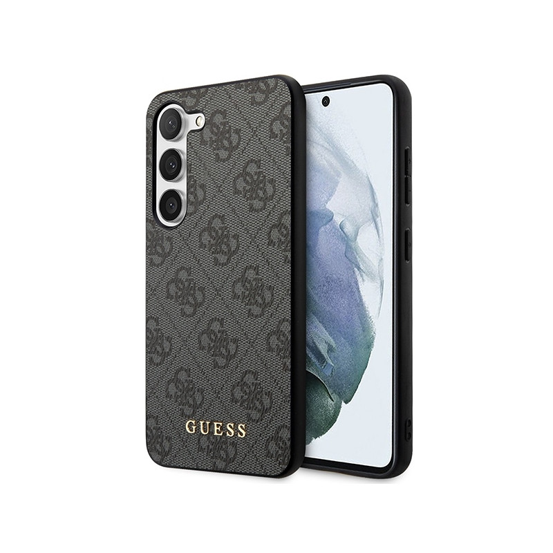 Guess 4G Metal Gold Logo dėklas, skirtas Samsung Galaxy S23+ - pilkas