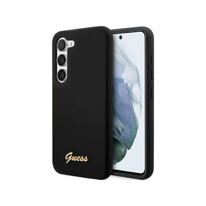 Guess Silicone Vintage Gold Logo dėklas, skirtas Samsung Galaxy S23 - juodas