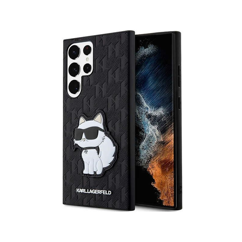 Karl Lagerfeld Saffiano Monogram Choupette dėklas, skirtas Samsung Galaxy S23 Ultra - juodas
