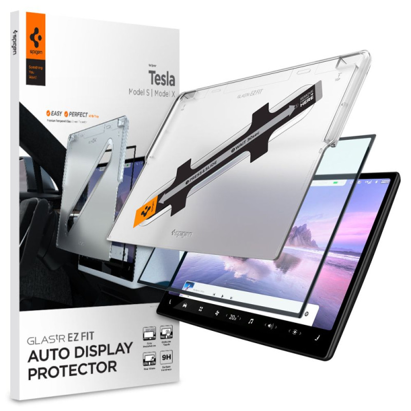 „Spigen Glas.tR EZ Fit“ grūdintas stiklas, skirtas „Tesla Model X 2022“ / „Model S 2021“ – juodas