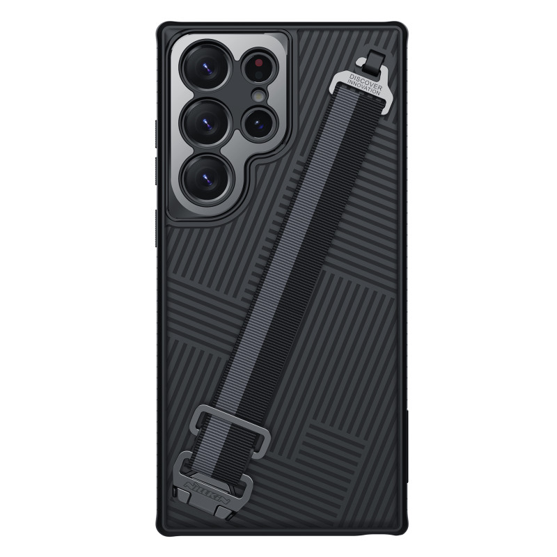 Nillkin Strap Case Dėklas, skirtas Samsung Galaxy S23 Ultra Armored Cover su juodu riešo dirželiu