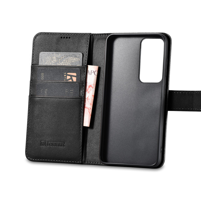 iCarer Wallet Case dėklas, skirtas Samsung Galaxy S23+ odinis piniginės dangtelis juodas