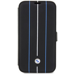 BMW Leather Stamp Blue Lines dėklas iPhone 14 Pro - juodas