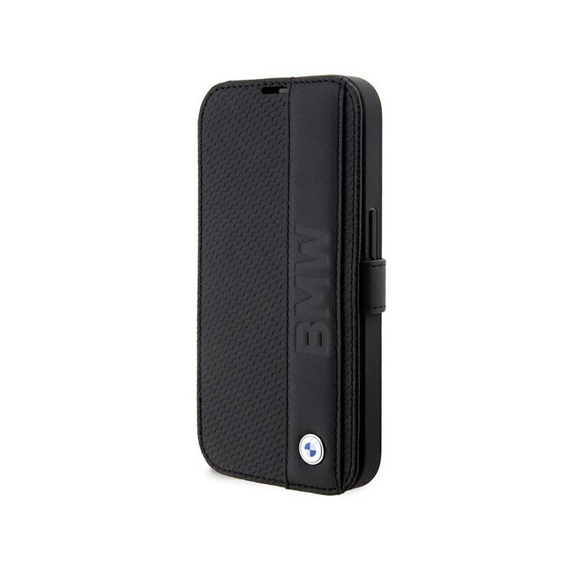 BMW Leather Textured & Stripe dėklas, skirtas iPhone 14 Pro Max - juodas