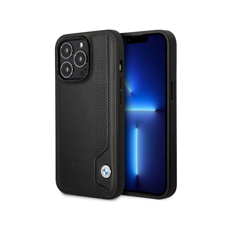 BMW Leather Blue Dots dėklas iPhone 14 Pro Max - juodas