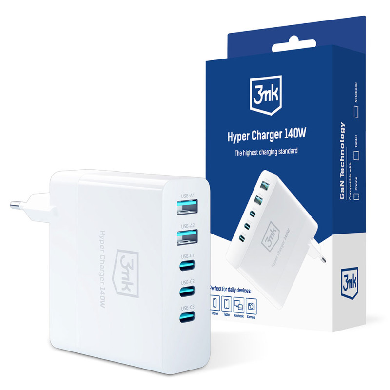 3mk Hyper Charger GaN 140W sieninis įkroviklis 3x USB-C 2x USB-A - baltas