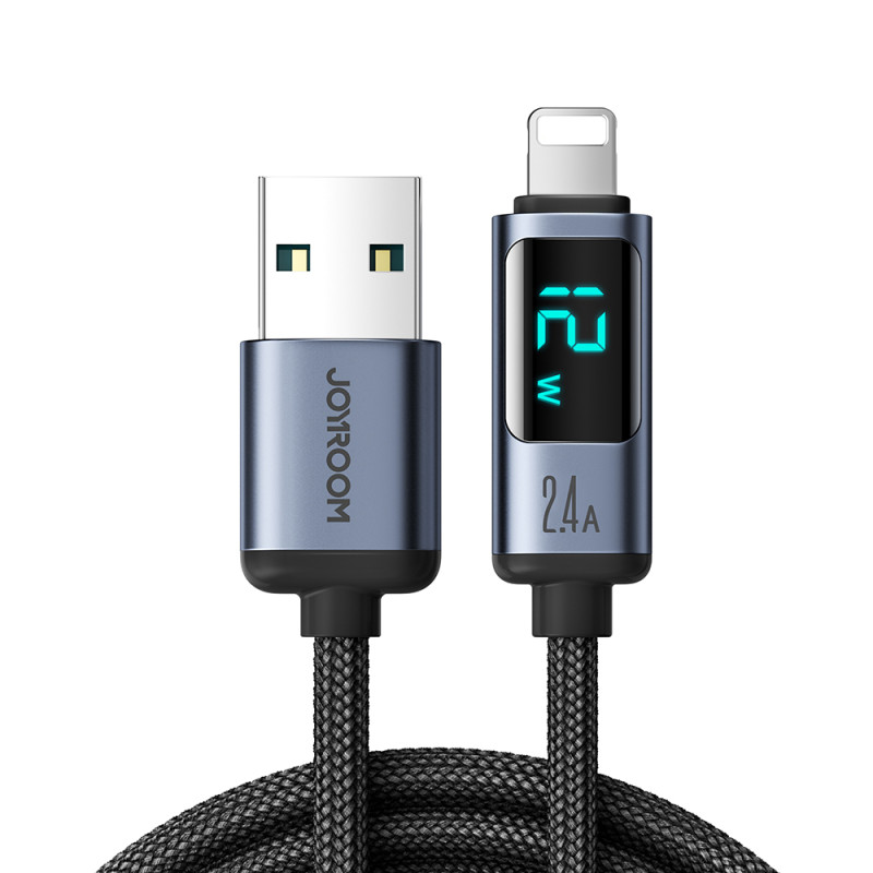 Joyroom Prism Series A16 Lightning/ USB-A 2,4A 1,2 m laidas su LED ekranu – juodas