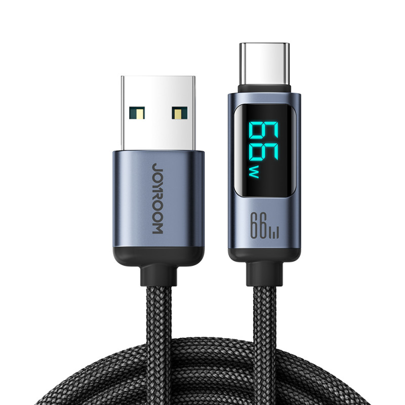 Joyroom Prism Series A16 USB-C / USB-A 66W 1,2 m laidas su LED ekranu – juodas