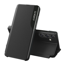 Eco Leather View Case dėklas Samsung Galaxy A24 4G su atverčiamu stovu, juodas