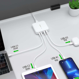 Choetech PD8008 100W GaN greitas įkroviklis 2x USB-A / 2x USB-C - balta