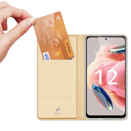 „Dux Ducis Skin Pro“ dėklas, skirtas „Xiaomi Redmi Note 12“ atverčiamas dangtelis kortelės piniginės stovas auksinis