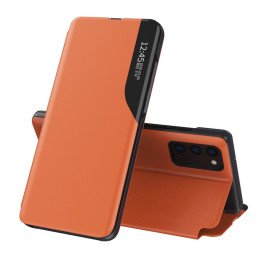 Eco Leather View Case elegantiškas dėklas su atvartu ir stovo funkcija, skirta Samsung Galaxy A72 4G oranžiniam telefonu...