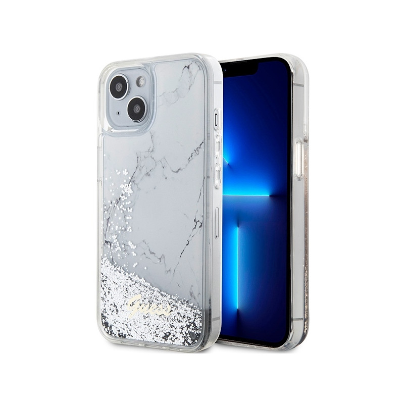 Guess Liquid Glitter Marble dėklas iPhone 14 - baltas