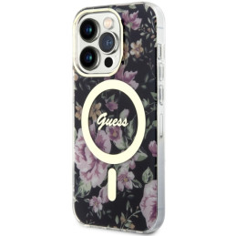 Guess Flower MagSafe dėklas iPhone 14 Pro - juodas