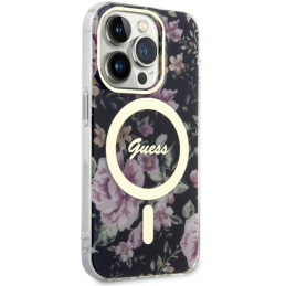 Guess Flower MagSafe dėklas iPhone 14 Pro - juodas