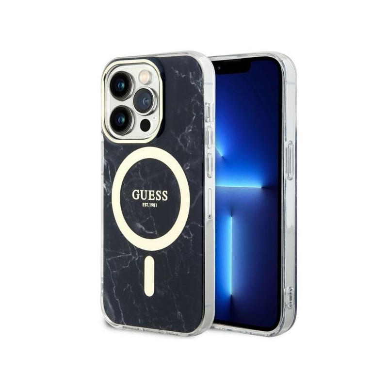 Guess Marble MagSafe dėklas iPhone 14 Pro - juodas