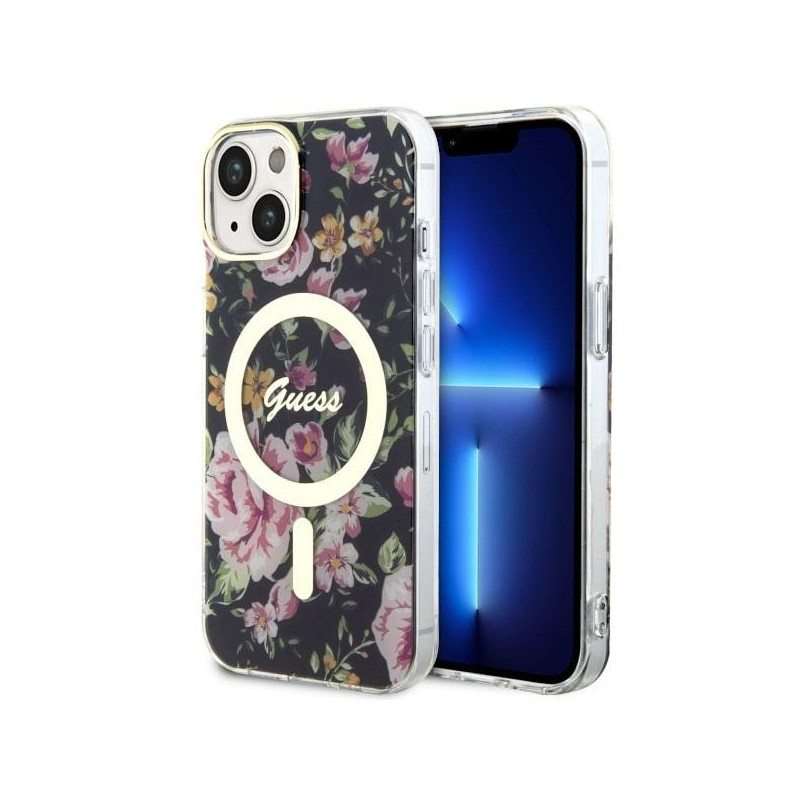 Guess Flower MagSafe dėklas iPhone 14 - juodas