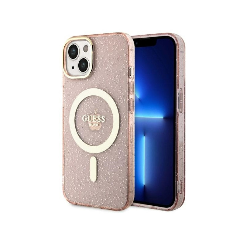 Guess Glitter Gold MagSafe dėklas iPhone 14 - rožinis