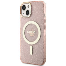 Guess Glitter Gold MagSafe dėklas iPhone 14 - rožinis