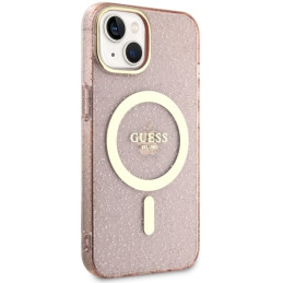 Guess Glitter Gold MagSafe dėklas iPhone 14 - rožinis
