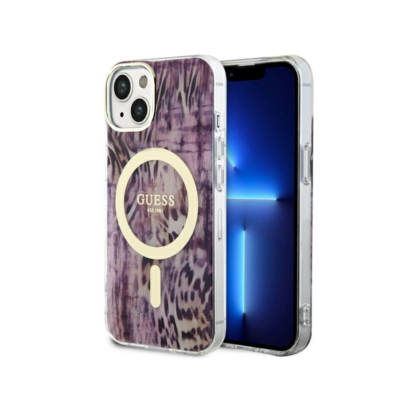 Guess Leopard MagSafe dėklas iPhone 14 - rožinis