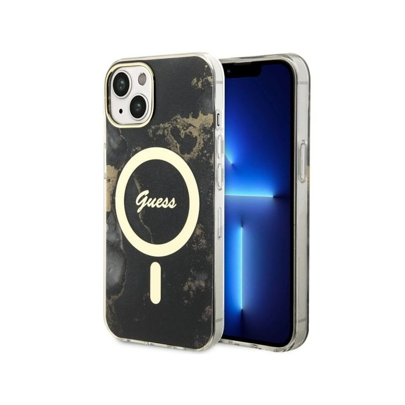 Guess Golden Marble MagSafe dėklas iPhone 14 - juodas