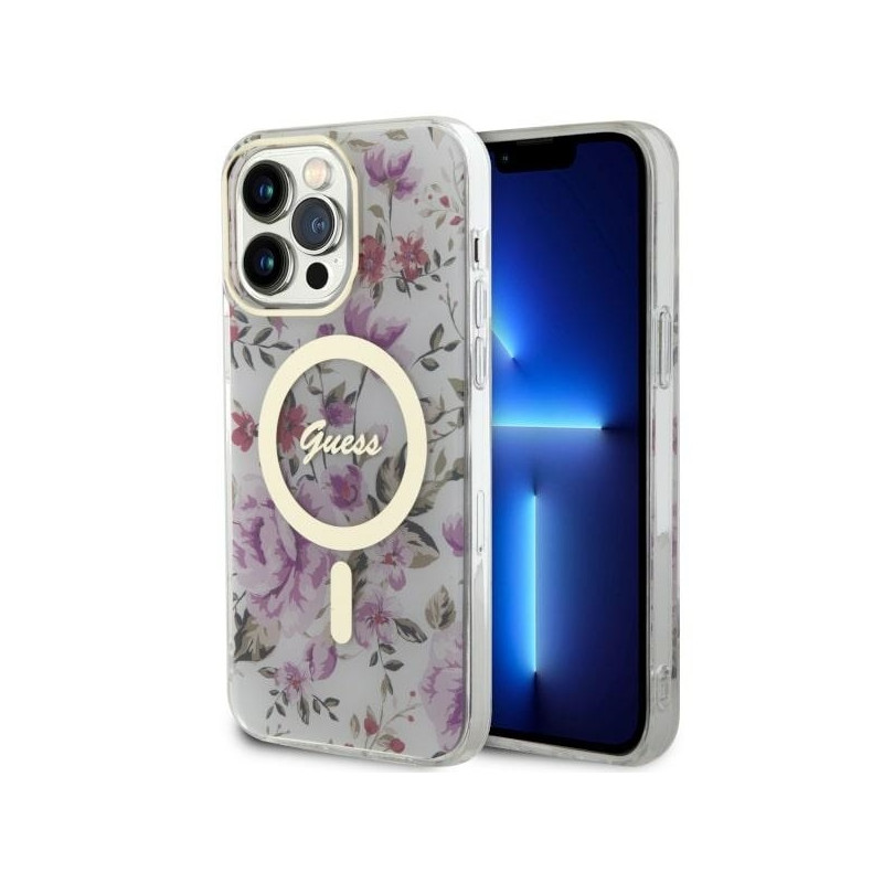 Guess Flower MagSafe dėklas iPhone 14 Pro Max - skaidrus