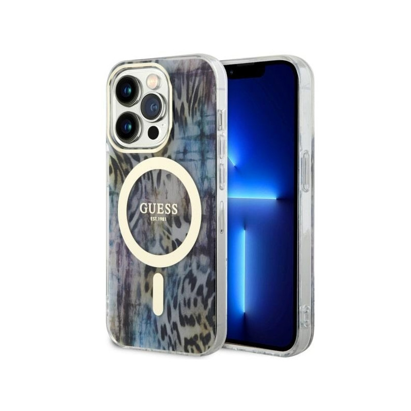 Guess Leopard MagSafe dėklas iPhone 14 Pro Max - mėlynas