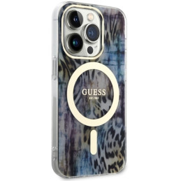 Guess Leopard MagSafe dėklas iPhone 14 Pro Max - mėlynas