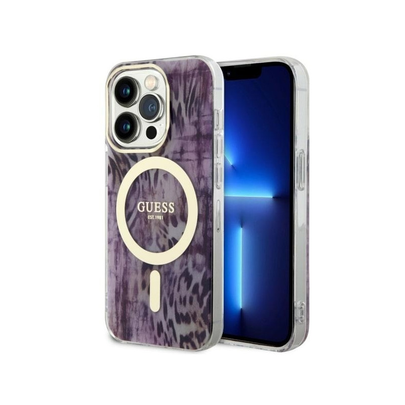 Guess Leopard MagSafe dėklas iPhone 14 Pro Max - rožinis