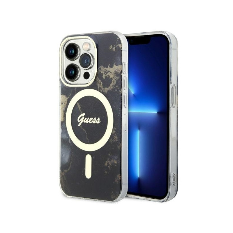 Guess Golden Marble MagSafe dėklas, skirtas iPhone 14 Pro Max - juodas