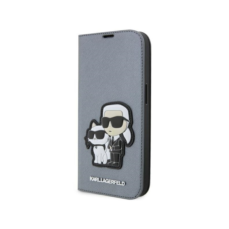 Karl Lagerfeld Saffiano Karl&Choupette dėklas iPhone 14 Pro Max - sidabrinis