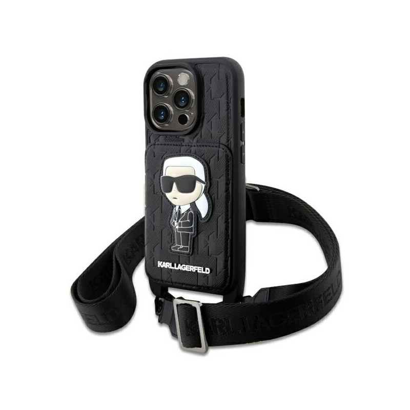 Karl Lagerfeld Crossbody Saffiano Monogram Ikonik dėklas iPhone 14 Pro - juodas