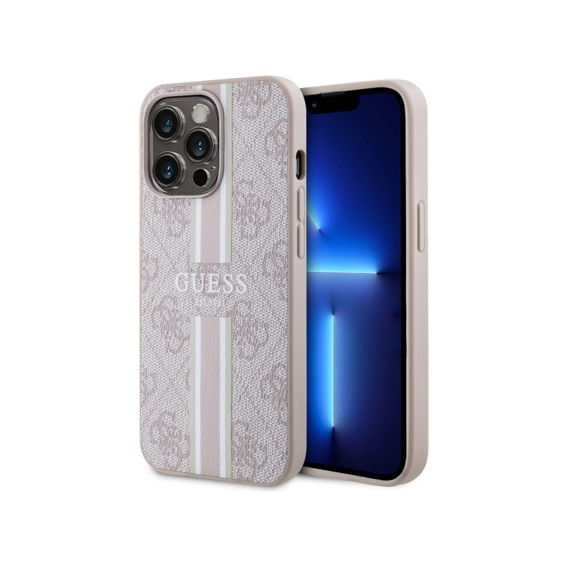 Guess 4G Printed Stripes MagSafe dėklas, skirtas iPhone 13 Pro / iPhone 13 – rožinė