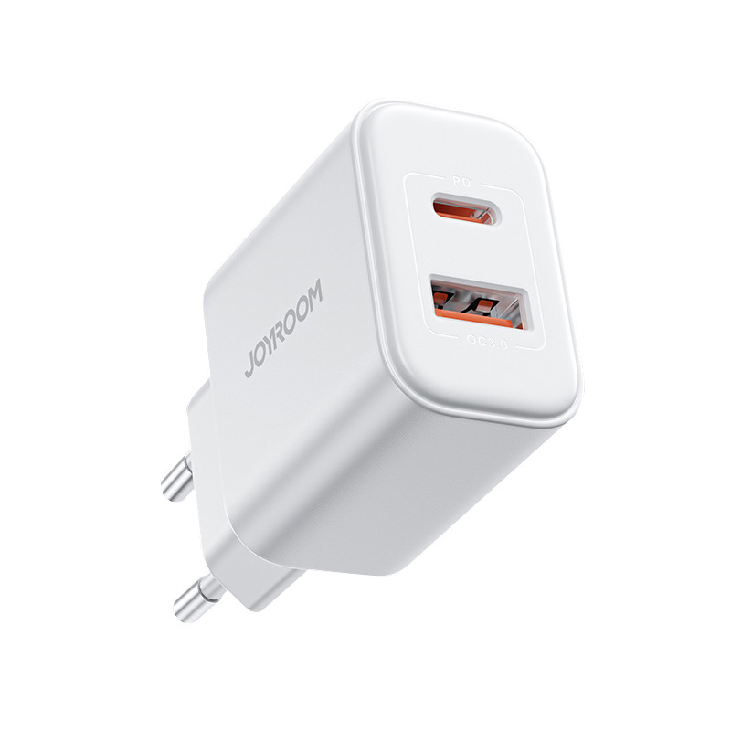 Greitas dviejų prievadų 20 W USB-C / USB-A įkroviklis Joyroom JR-TCF05 - baltas + USB-C - žaibo kabelis 1 m