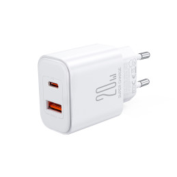 Greitas dviejų prievadų 20 W USB-C / USB-A įkroviklis Joyroom JR-TCF05 - baltas + USB-C - žaibo kabelis 1 m