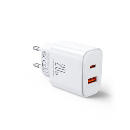 Greitas dviejų prievadų 20 W USB-C / USB-A įkroviklis Joyroom JR-TCF05 - baltas + USB-C - žaibo kabelis 1 m