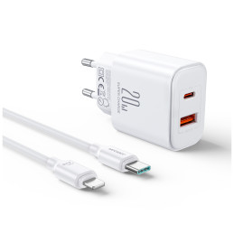Greitas dviejų prievadų 20 W USB-C / USB-A įkroviklis Joyroom JR-TCF05 - baltas + USB-C - žaibo kabelis 1 m