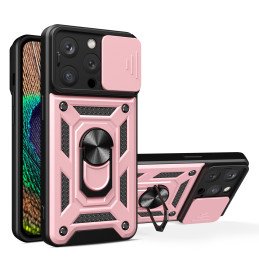 Šarvuotas dėklas su stovu ir kameros dangteliu iPhone 15 Pro Max Hybrid Armor Camshield - rožinis